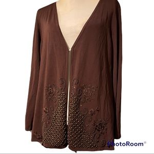 BCBGMaxAzria Brown Embellished V-Neck Cardigan